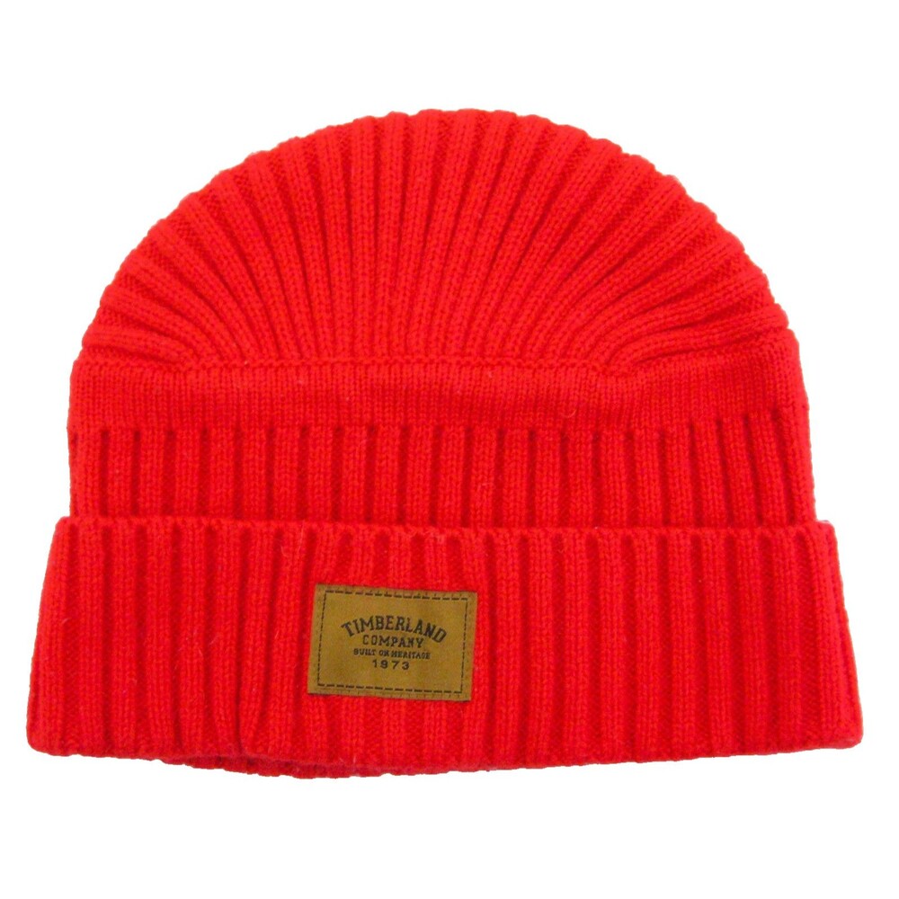 Timberland Beanie Womens Red Knit Hat One Size Logo Warm Winter Ski Cap